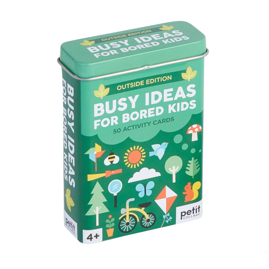 Green tin labeled Busy Ideas for Bored Kids: Outdoor Edition containing 50 nature-themed outdoor activity cards.