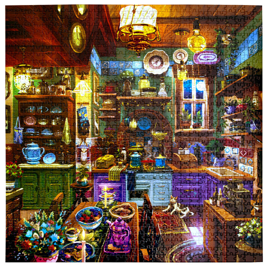 1000-piece Midnight Kitchen puzzle by Alfred Fernandes with dishes, cookware, and flowers.