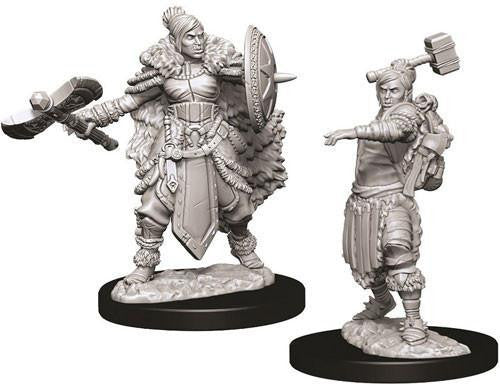 D&D Nolzurs W9 Female Halforc Barbarian set with 2 pre-primed miniatures holding shields, hammers, and wearing fur cloaks.
