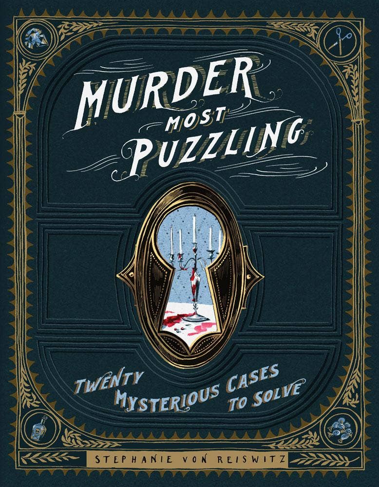 Murder Most Puzzling book with a dark cover featuring a bloody candelabra.