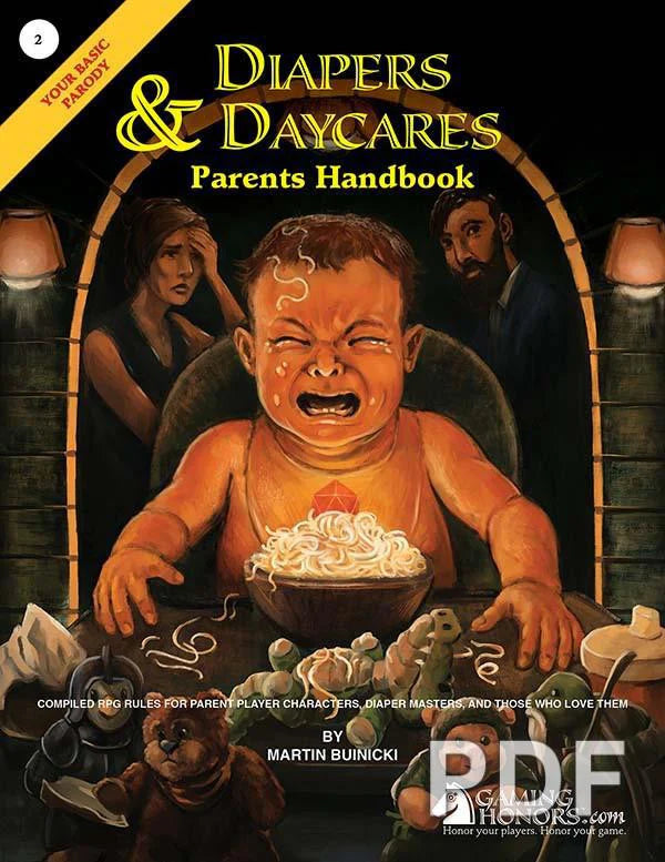 Diapers & Daycares: Parent Handbook parody roleplaying game featuring a baby crying at a table with parents.