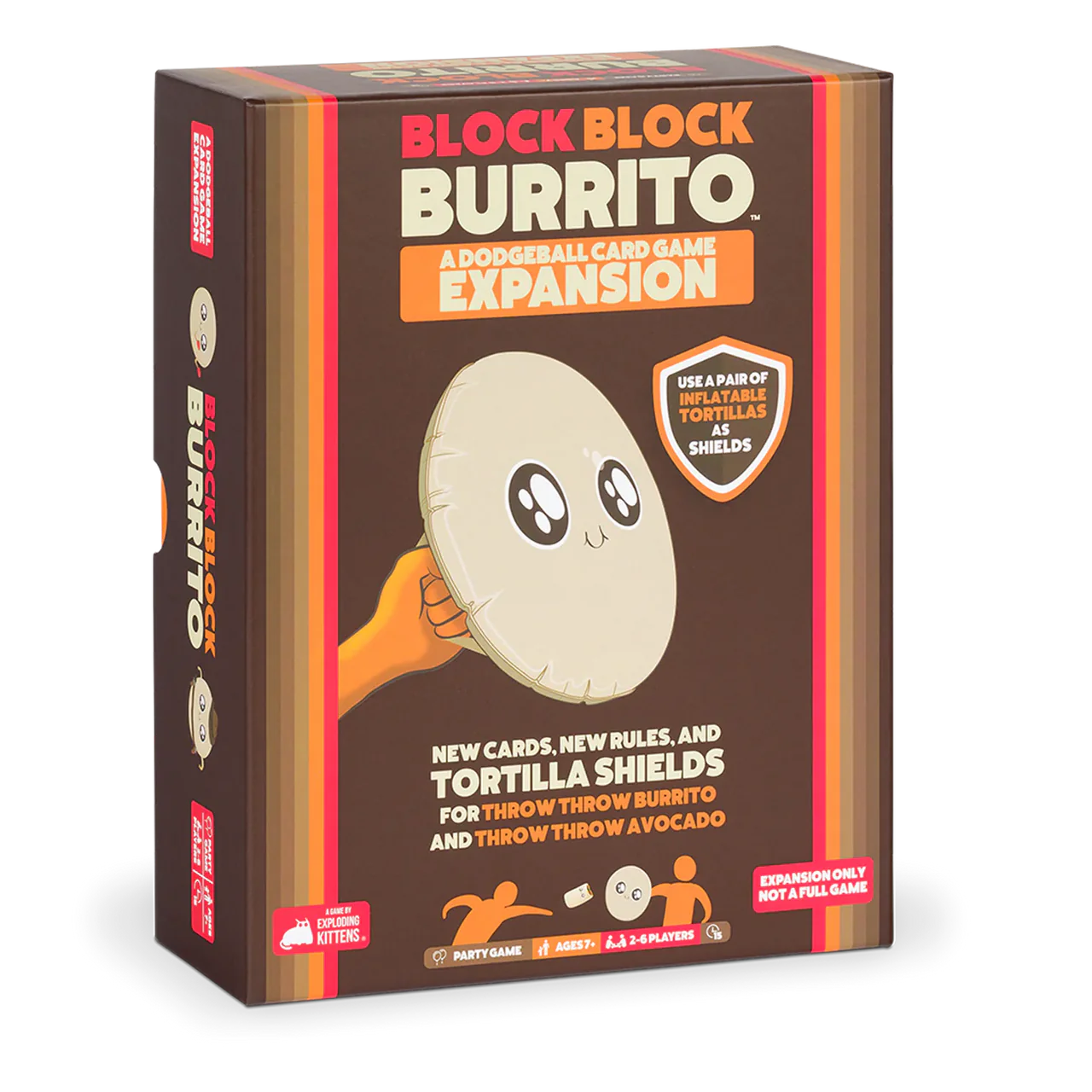 Block Block Burrito Expansion for the dodgeball card game with inflatable tortilla shields shown on the packaging.