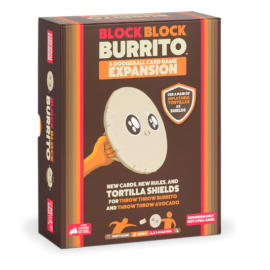 Block Block Burrito Expansion for the dodgeball card game with inflatable tortilla shields shown on the packaging.