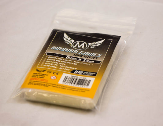 100 Custom Card Sleeves, Sails of Glory size (50 x 75 mm), pack of 100 on a white surface.