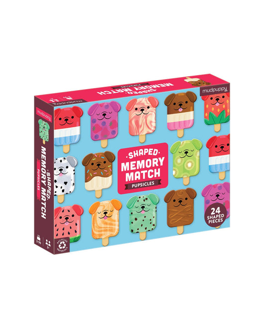 Pupsicles Shaped Memory Match game with dog popsicle pieces on a blue background.