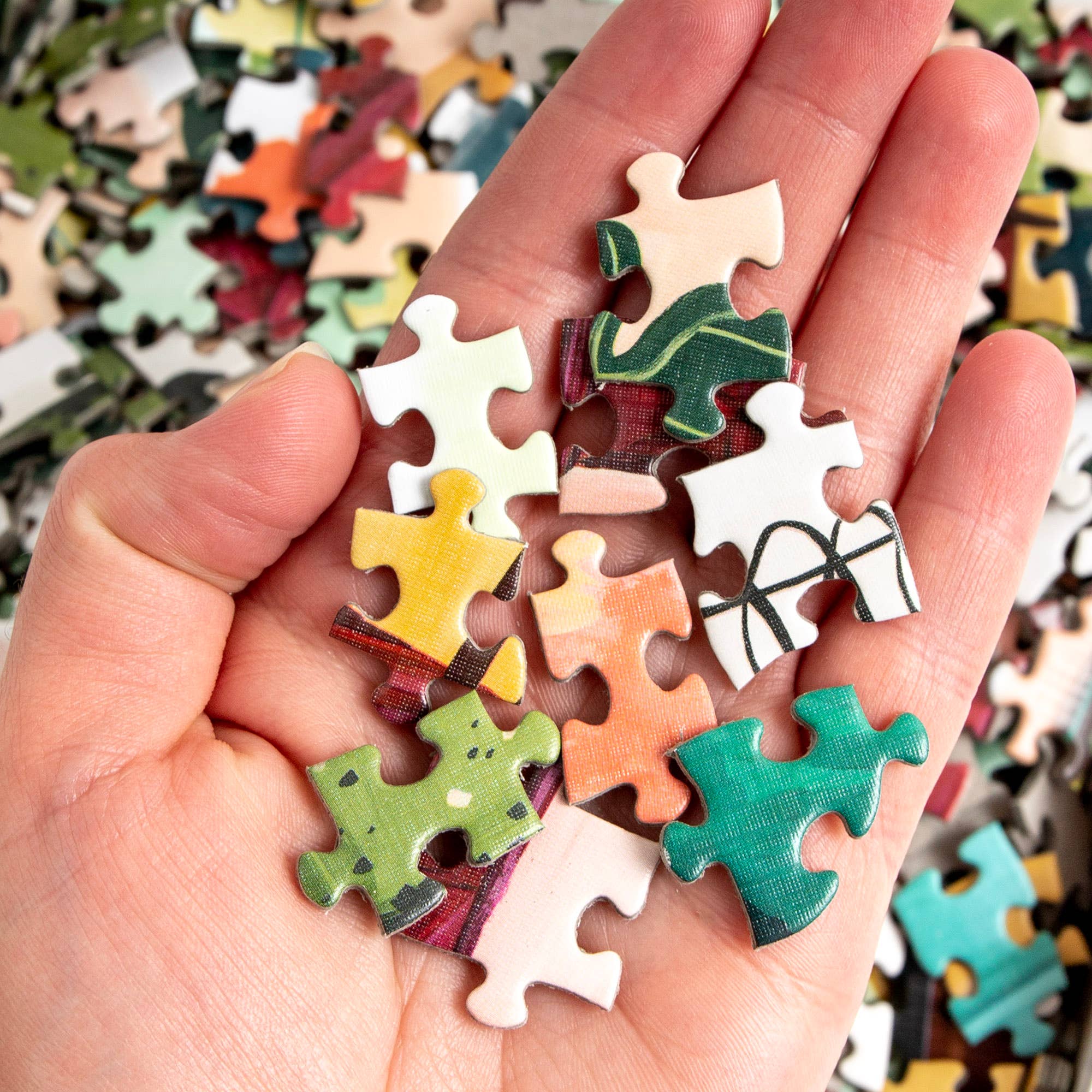 Simple Joys Puzzle - 1,000 Piece Jigsaw Puzzle pieces held in a hand above a pile of puzzle pieces.