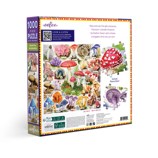 Back of Bountiful Mushrooms 1000 Piece Puzzle box showing watercolor mushroom illustrations on a white background.