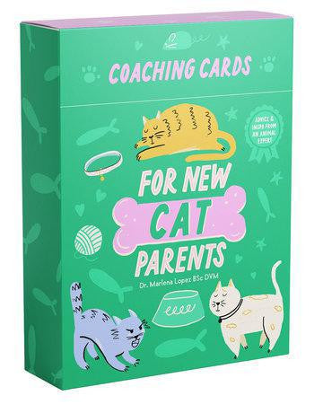 Green box labeled Coaching Card for New Cat Parents with illustrations and cat owner advice on the front.