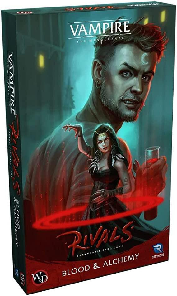 Vampire The Masquerade Rivals ECG: Blood & Alchemy Expansion box showing two vampires with red accents.