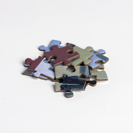 Puzzle - René Magritte - Golconda pieces in a small pile on a white background.