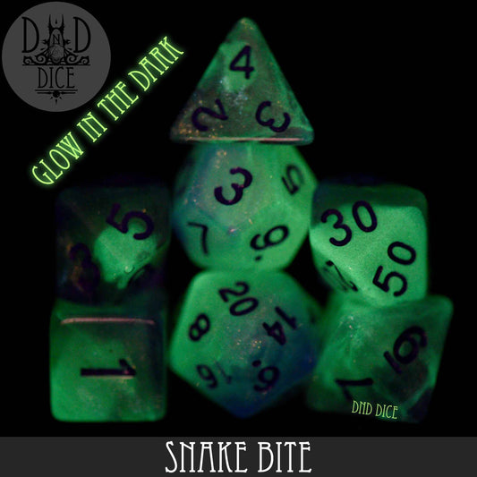 Green glow-in-the-dark resin DnD dice set with black numbers, labeled Snake Bite.