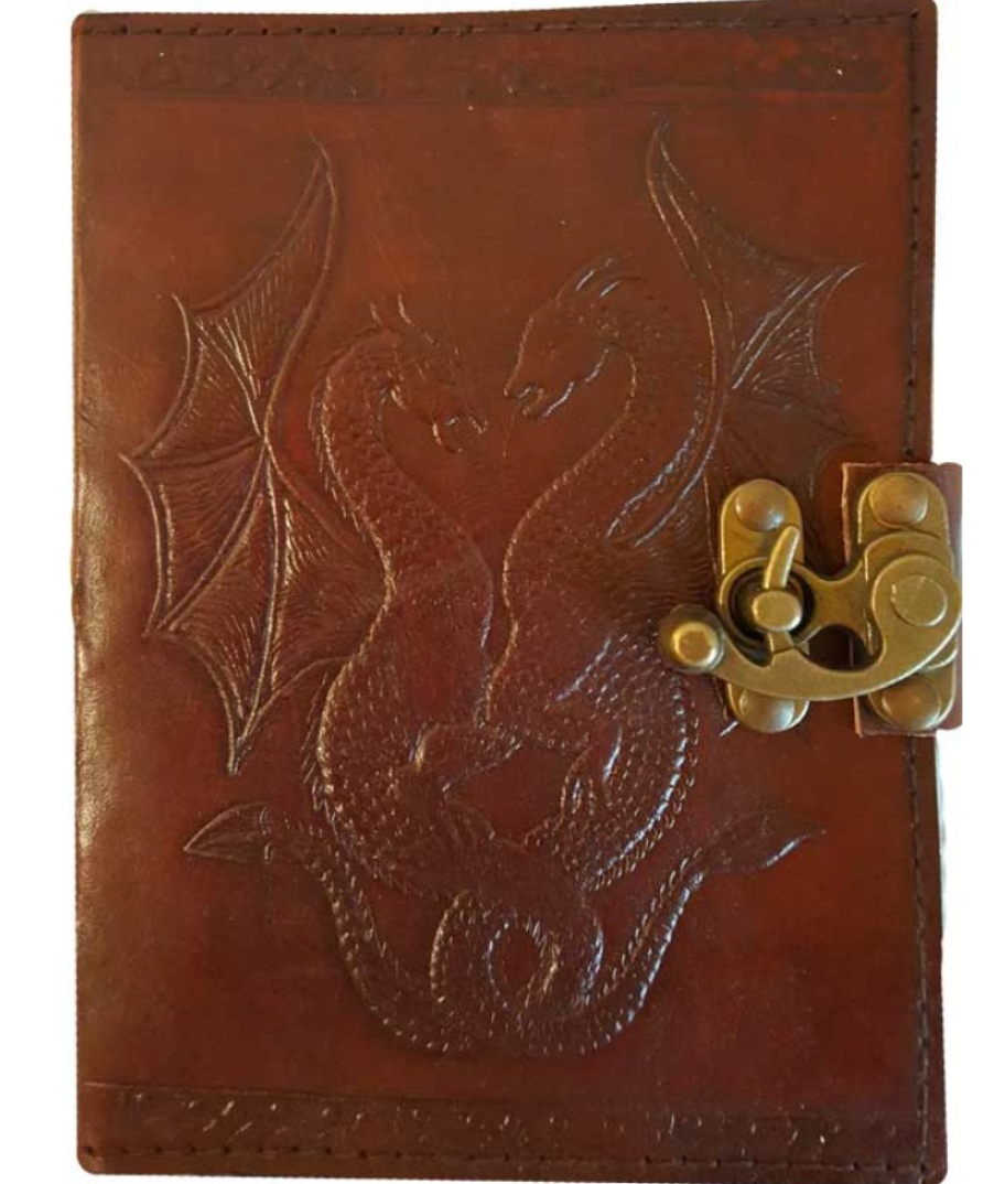 Azure Green Double Dragon Journal 8x6, brown with clasps, embossed dragons, handmade paper pages.