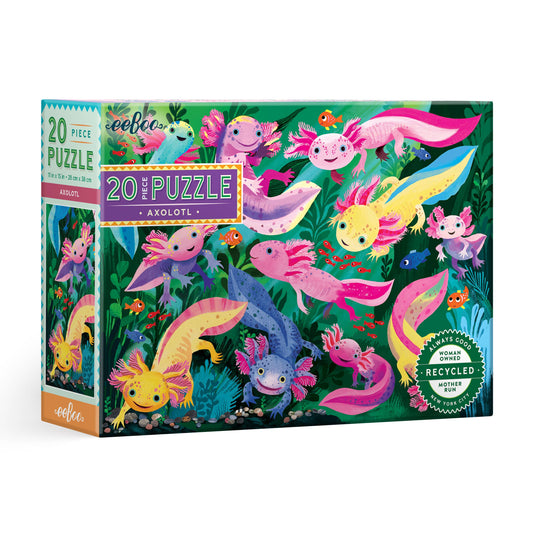Axolotl 20 Piece Puzzle with jumbo pieces showing illustrated axolotls swimming among green plants and fish.