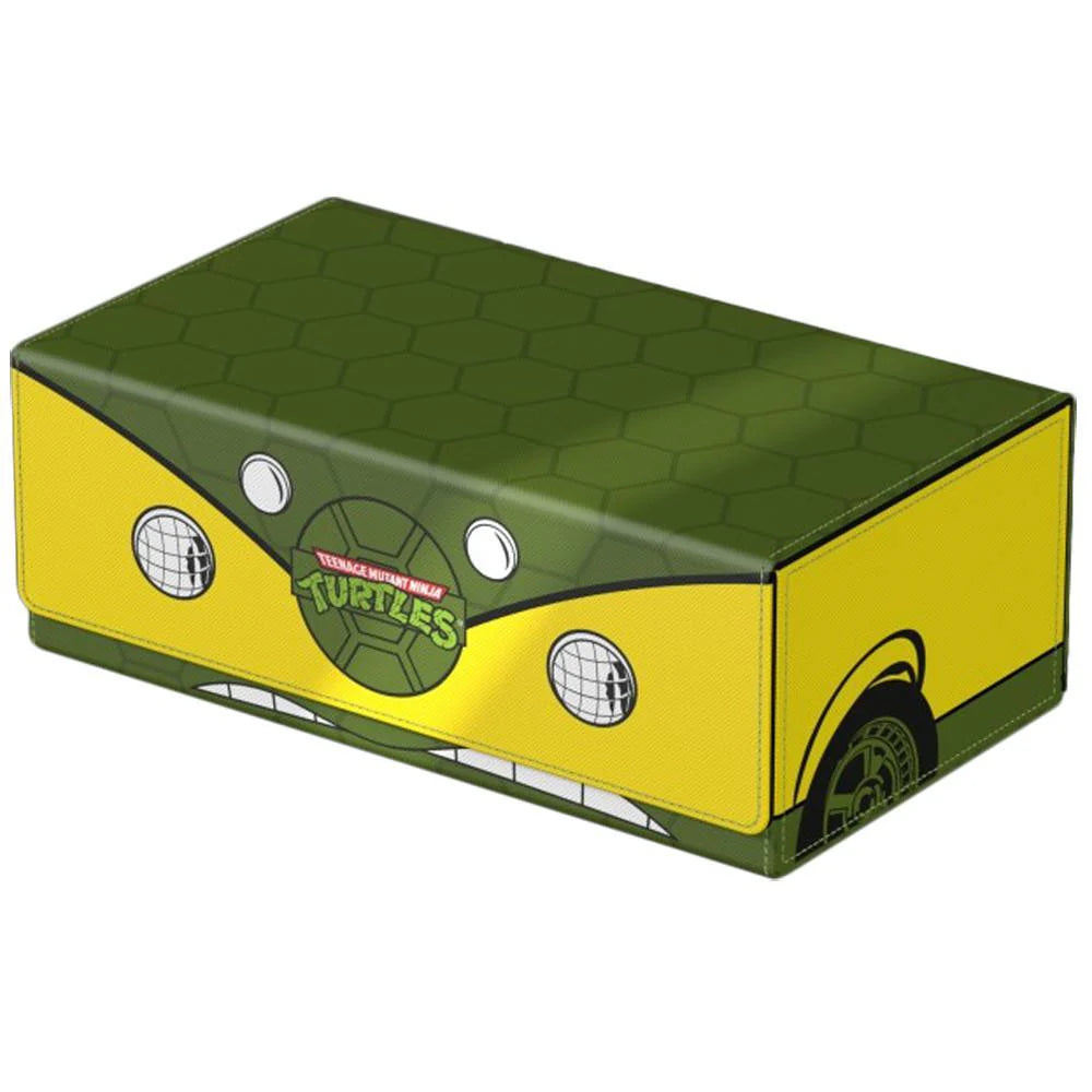 Squaros TMNT Wave 1 Turtle Van storage box with green lid, yellow front, logo, and van-themed face and tire details.
