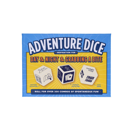 Adventure Dice game box in blue and yellow with dice illustrations on the packaging.