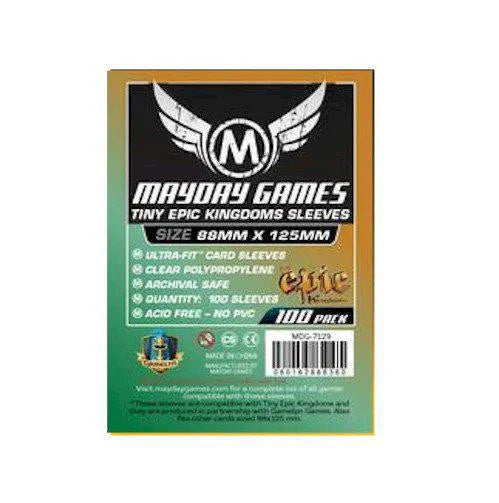 88MM x 125MM card sleeves, 100 pack for Tiny Epic Kingdoms, shown in green and gold packaging.