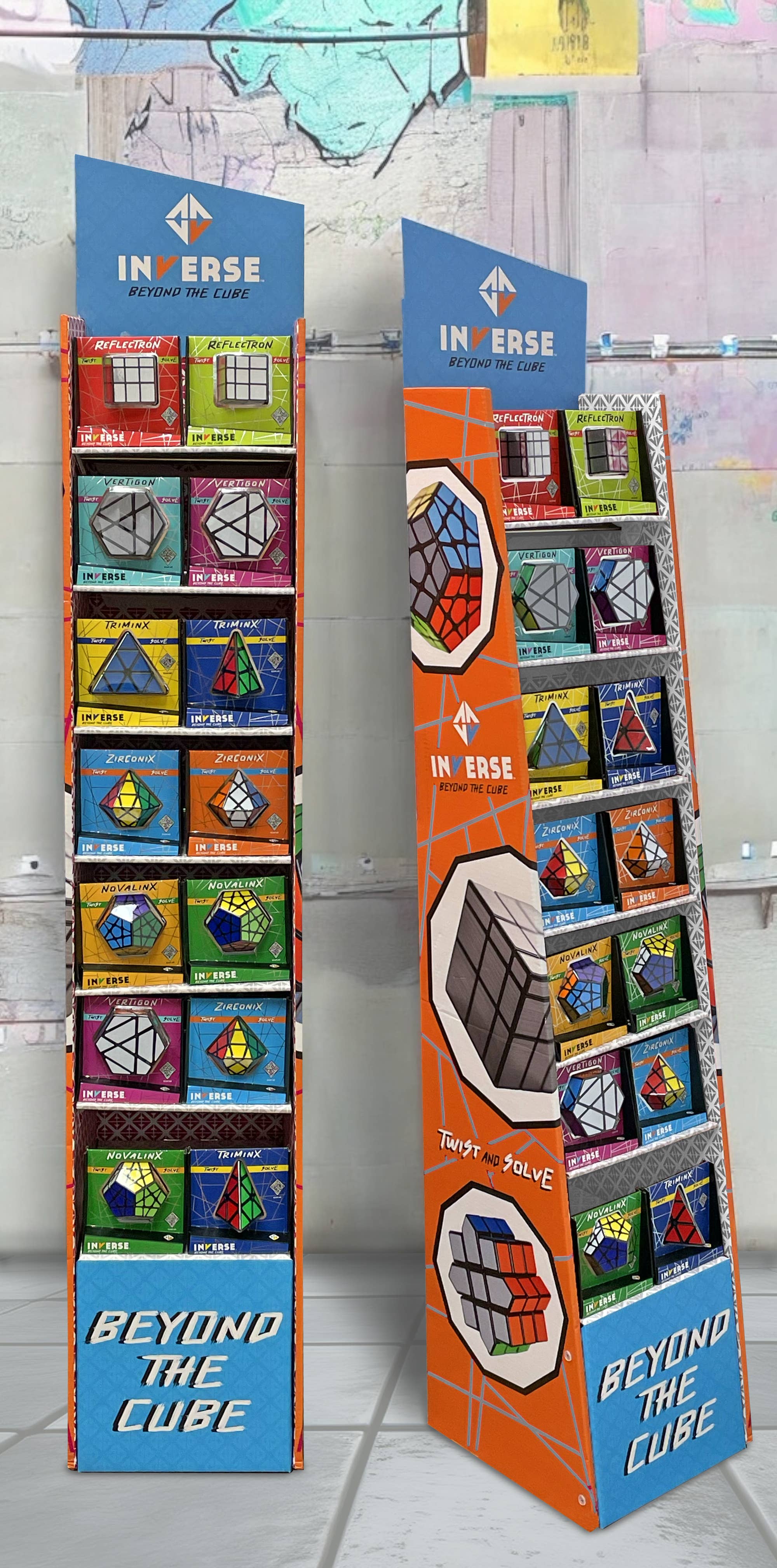 INVERSE Novalinx Puzzle displayed on stand with BEYOND THE CUBE slogan underneath.