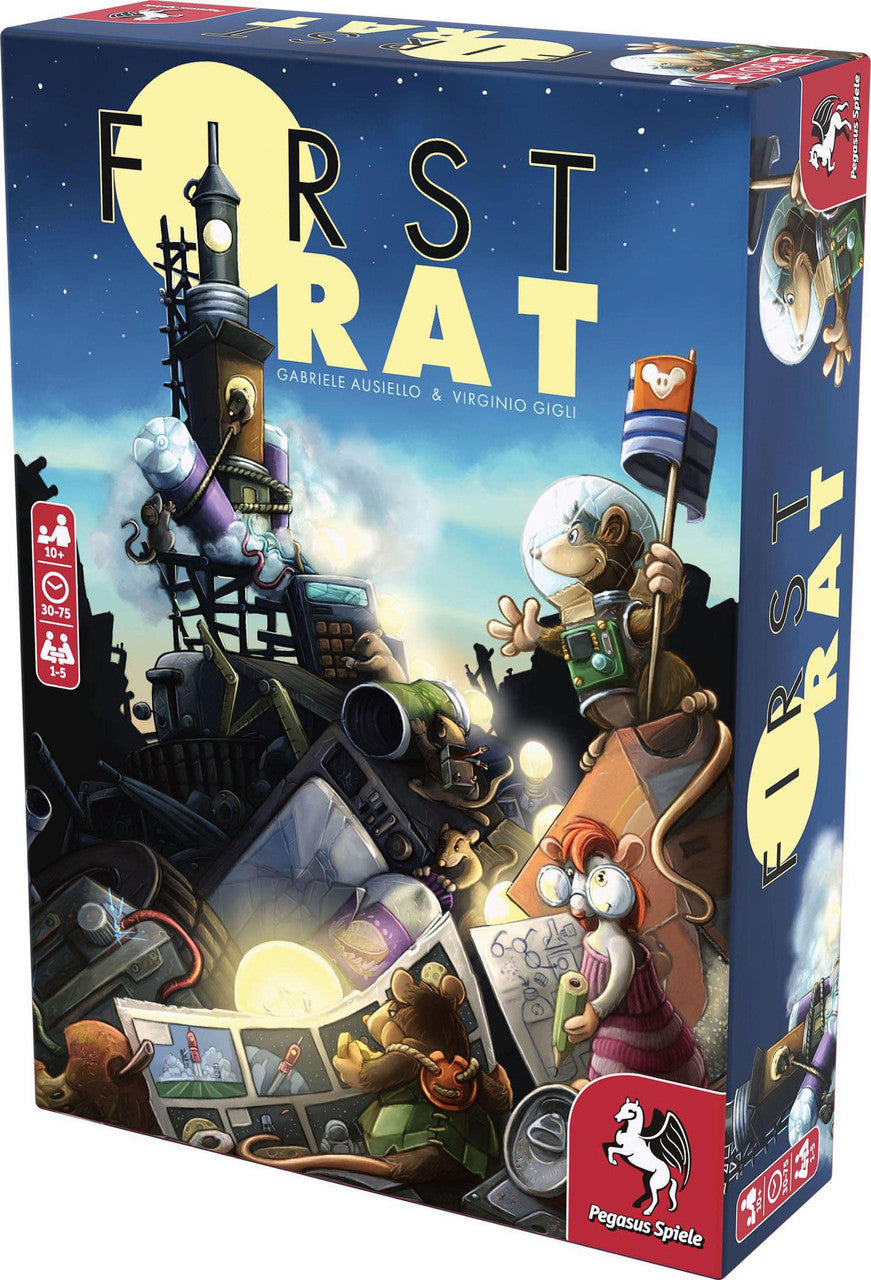 First Rat board game box featuring cartoon rats building a rocket under a starry night sky.