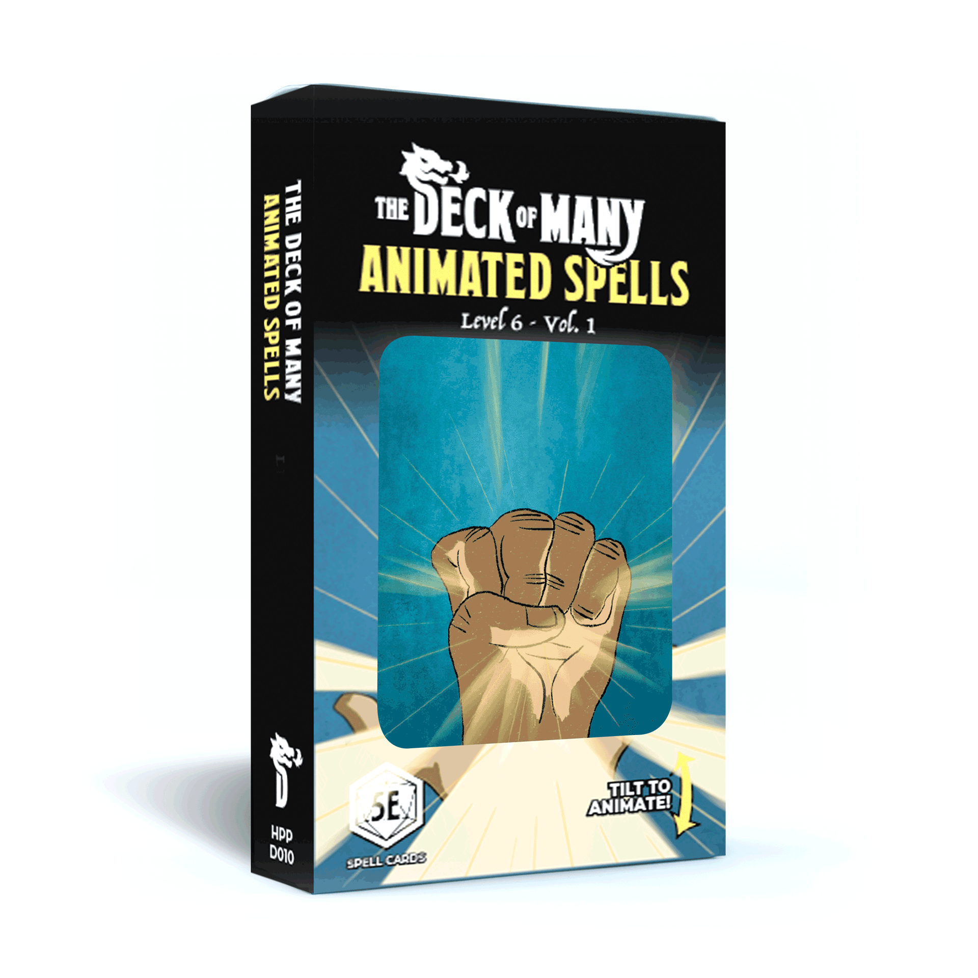 Animated Spells Level 6 Vol. 1 box with 5e 2014 D&D cards; first card depicts a fist and rays.