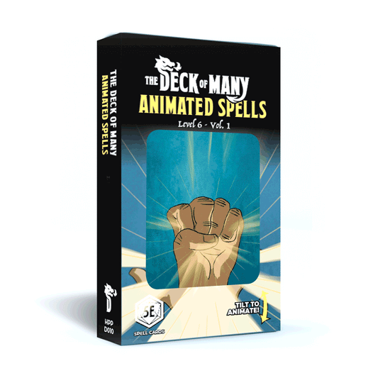Animated Spells Level 6 Vol. 1 box with 5e 2014 D&D cards; first card depicts a fist and rays.