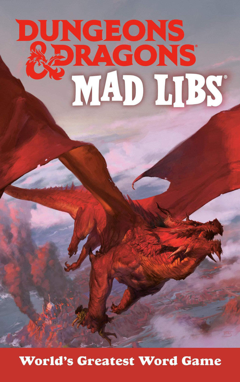 Dungeons & Dragons Mad Libs cover featuring a red dragon flying over flames for fill-in-the-blank adventures.