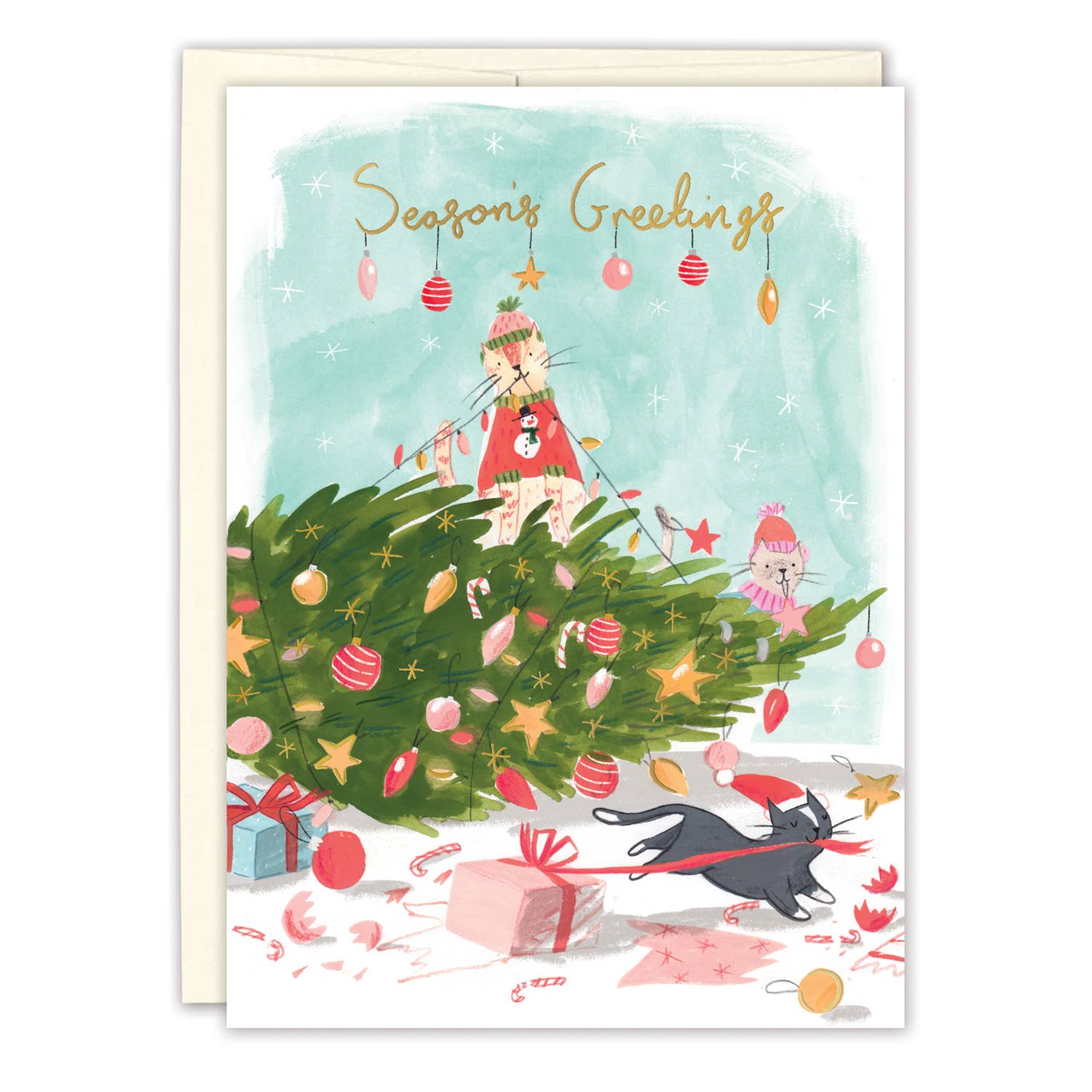 Cats Christmas Mischief Holiday Card featuring two cats, a dog, ornaments, presents, and gold foil by a Christmas tree.