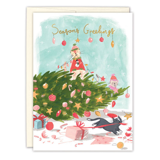 Cats Christmas Mischief Holiday Card featuring two cats, a dog, ornaments, presents, and gold foil by a Christmas tree.