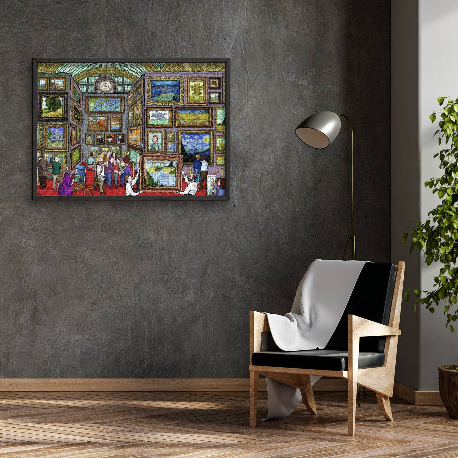 Vincent van Gogh’s Time Travel to Musée d’Orsay jigsaw puzzle on display in a modern room with wood chair and lamp.