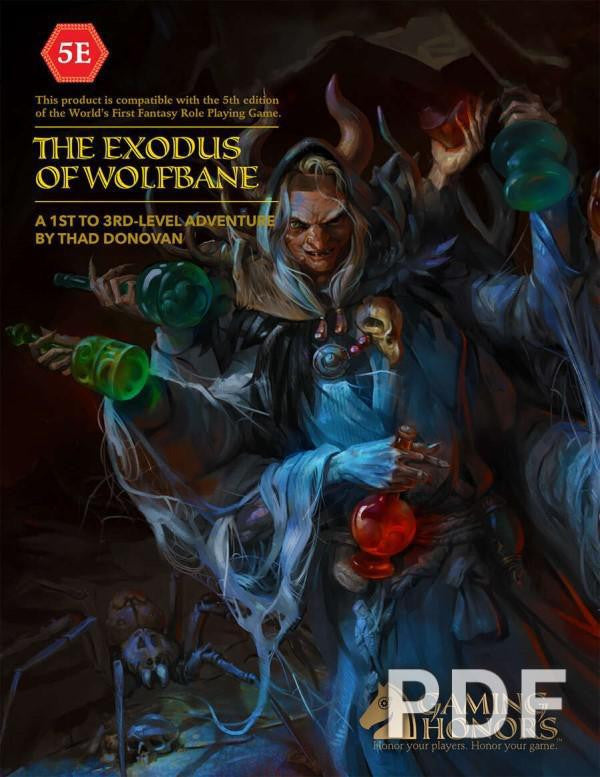The Exodus of Wolfbane (5E) low-level DnD adventure featuring a wizard holding glowing potions on the cover.