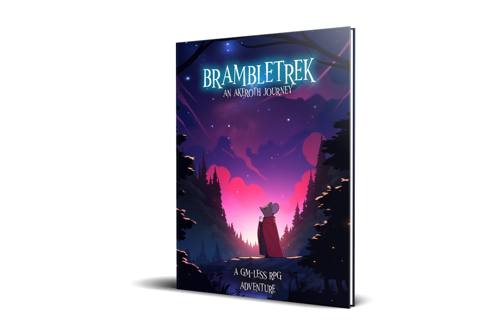 Brambletrek solo and GM-less adventure RPG cover featuring a cloaked figure in a dusky forest.