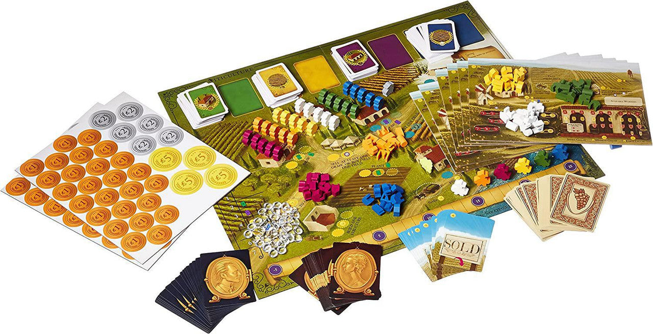 Viticulture Essential Edition board game with cards, tokens, coins, and wooden pieces arranged on the game board.