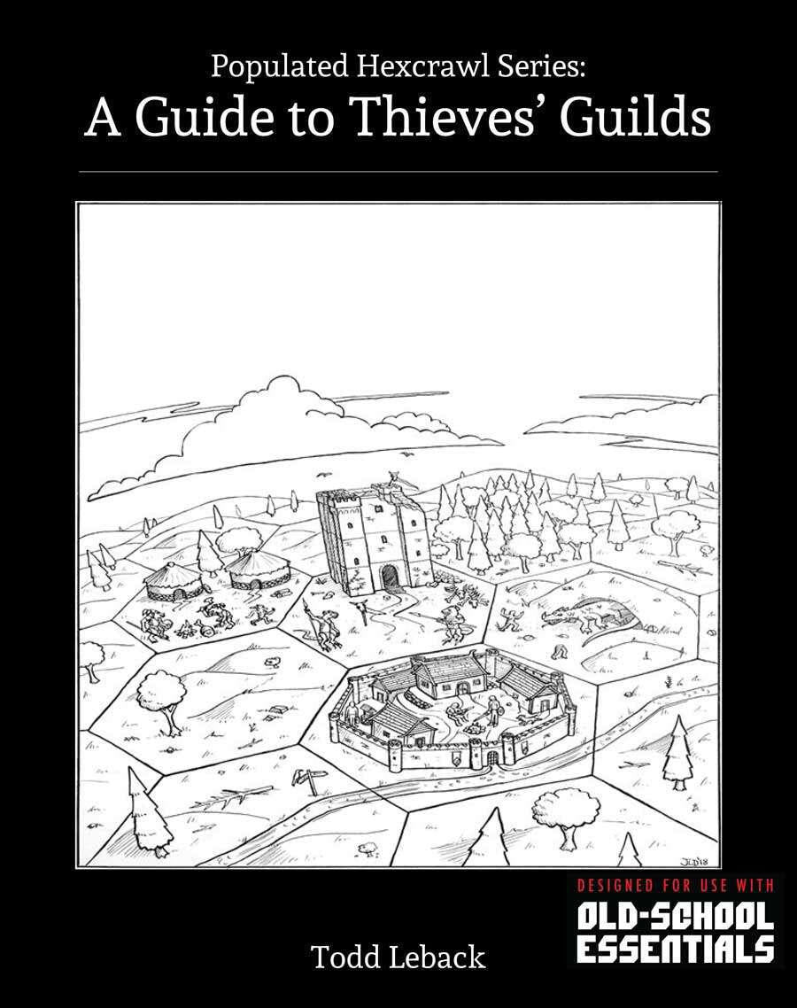 A Guide to Thieves Guilds softcover with black-and-white cover art featuring a walled town; OSR-style game supplement.