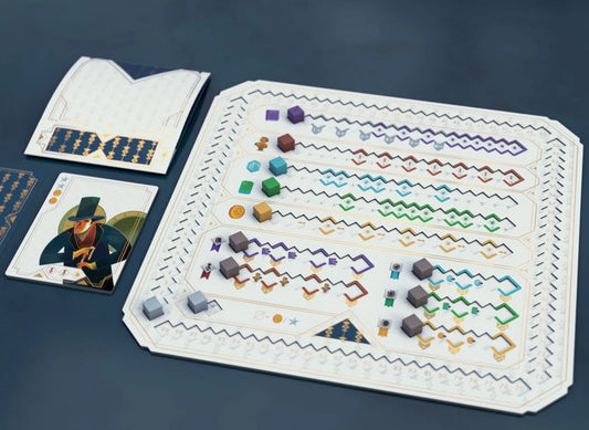 The Great Split board game with white board, colorful tokens, character card, and notepad.