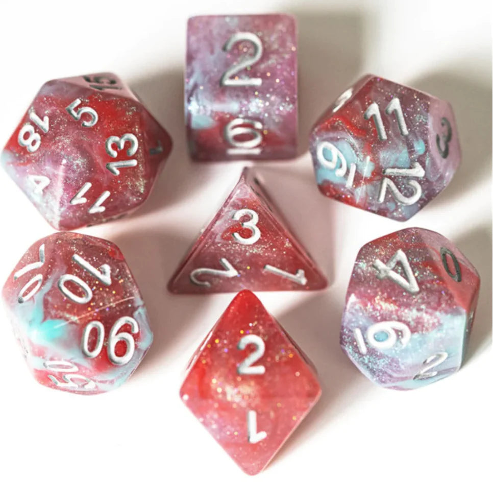 Geranium RPG Dice Set with seven marbled red and blue polyhedral dice, white numbers visible.