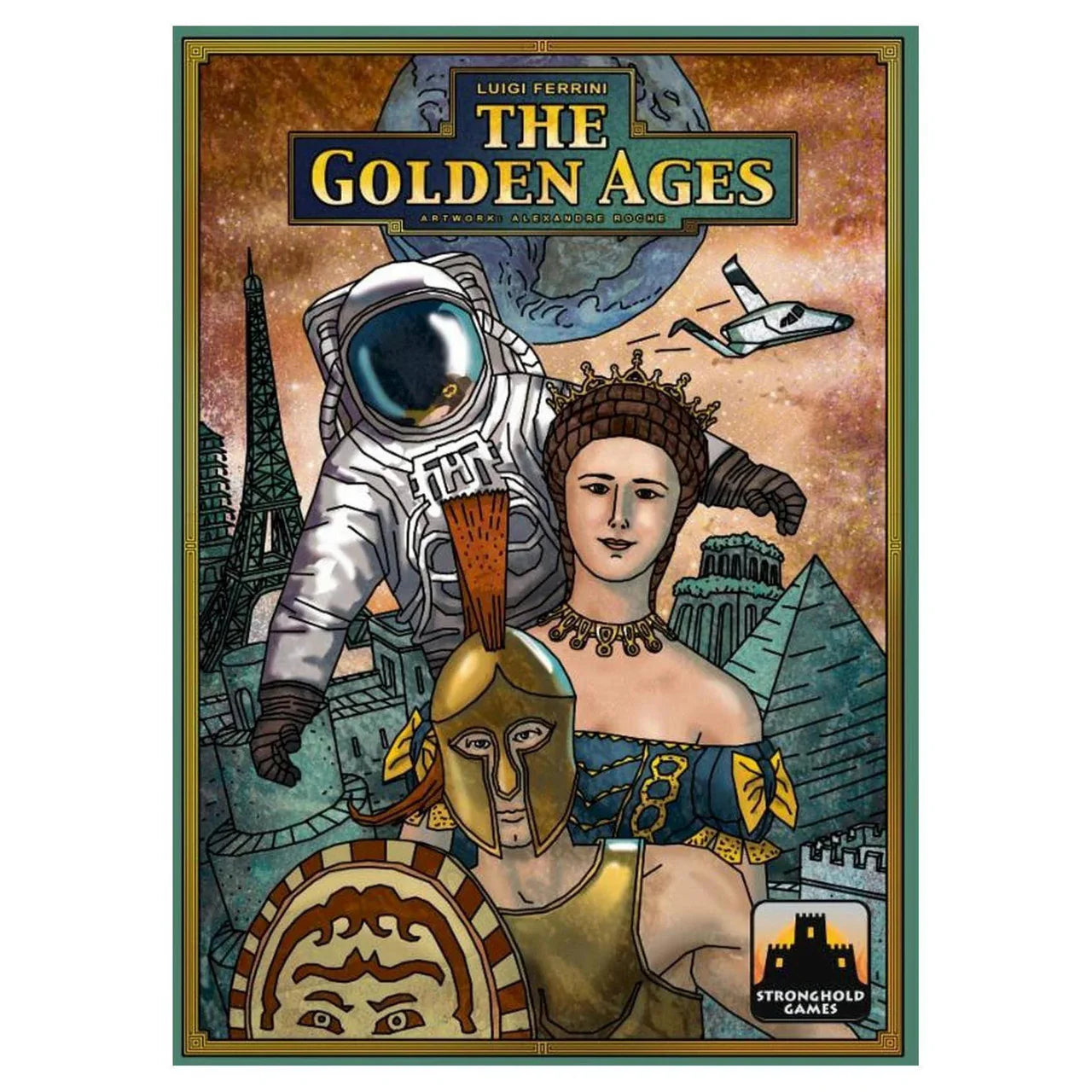 The Golden Ages board game featuring cover art with an astronaut, ancient warrior, crowned woman, and landmarks.