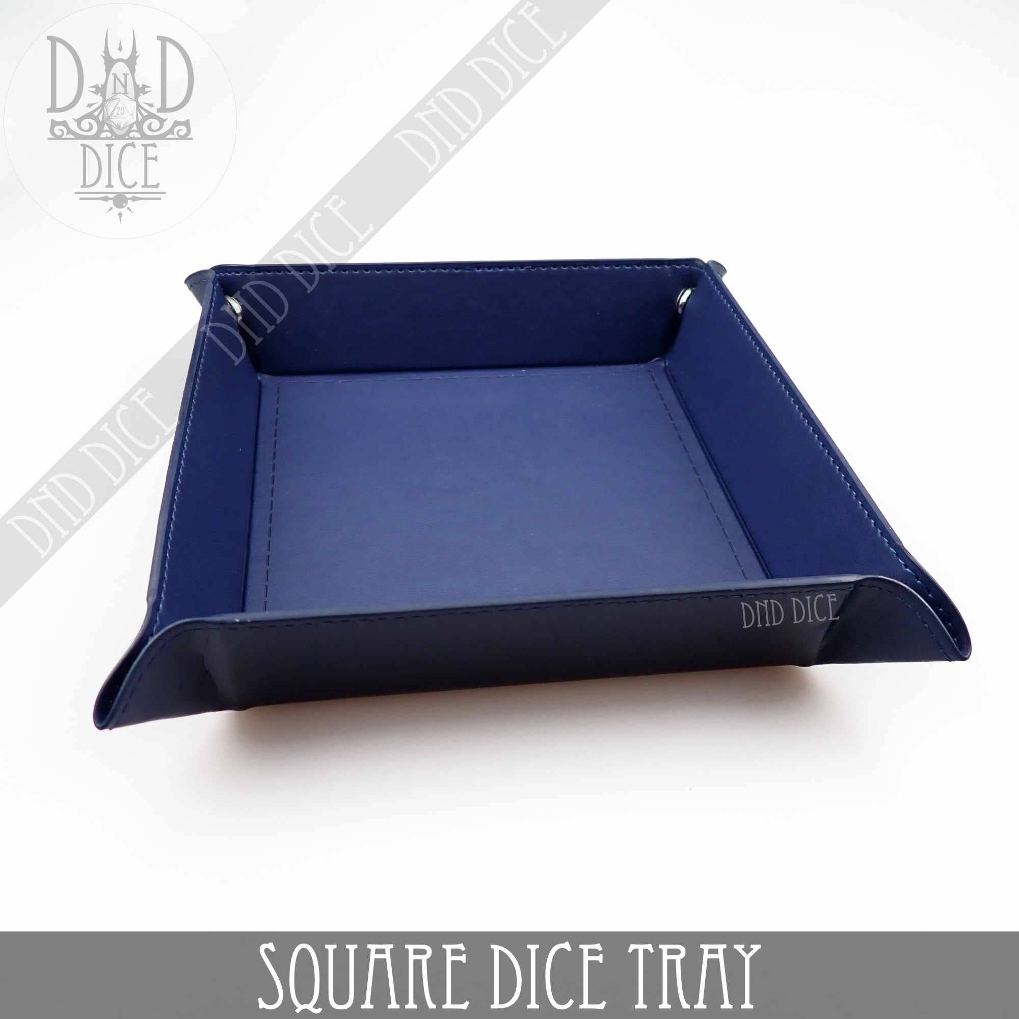 Blue square dice tray, 8.5x8.5, raised edges, faux leather surface, on white background.