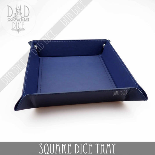 Blue square dice tray, 8.5x8.5, raised edges, faux leather surface, on white background.