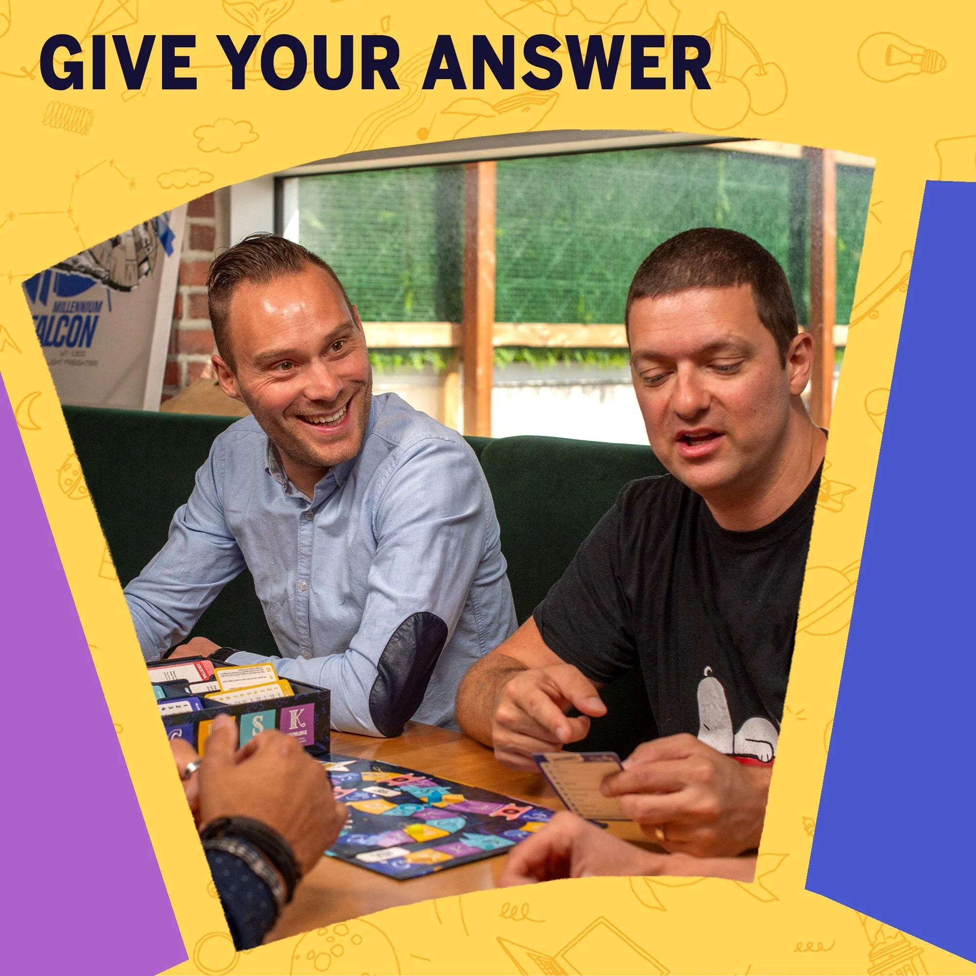 CDSK party game with two men holding cards; visible text on game: Give Your Answer.
