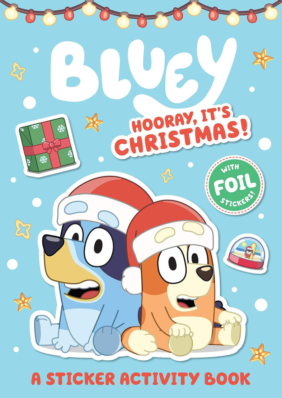 Bluey: Hooray, Its Christmas sticker activity book featuring Bluey and Bingo in Santa hats on the cover.