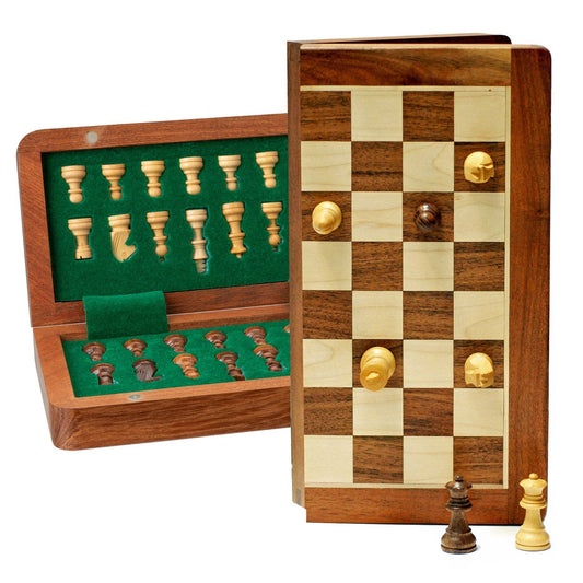 Travel Magnetic Wood Folding Chess Set, 7, with chess pieces stored in box and arranged on magnetic board.
