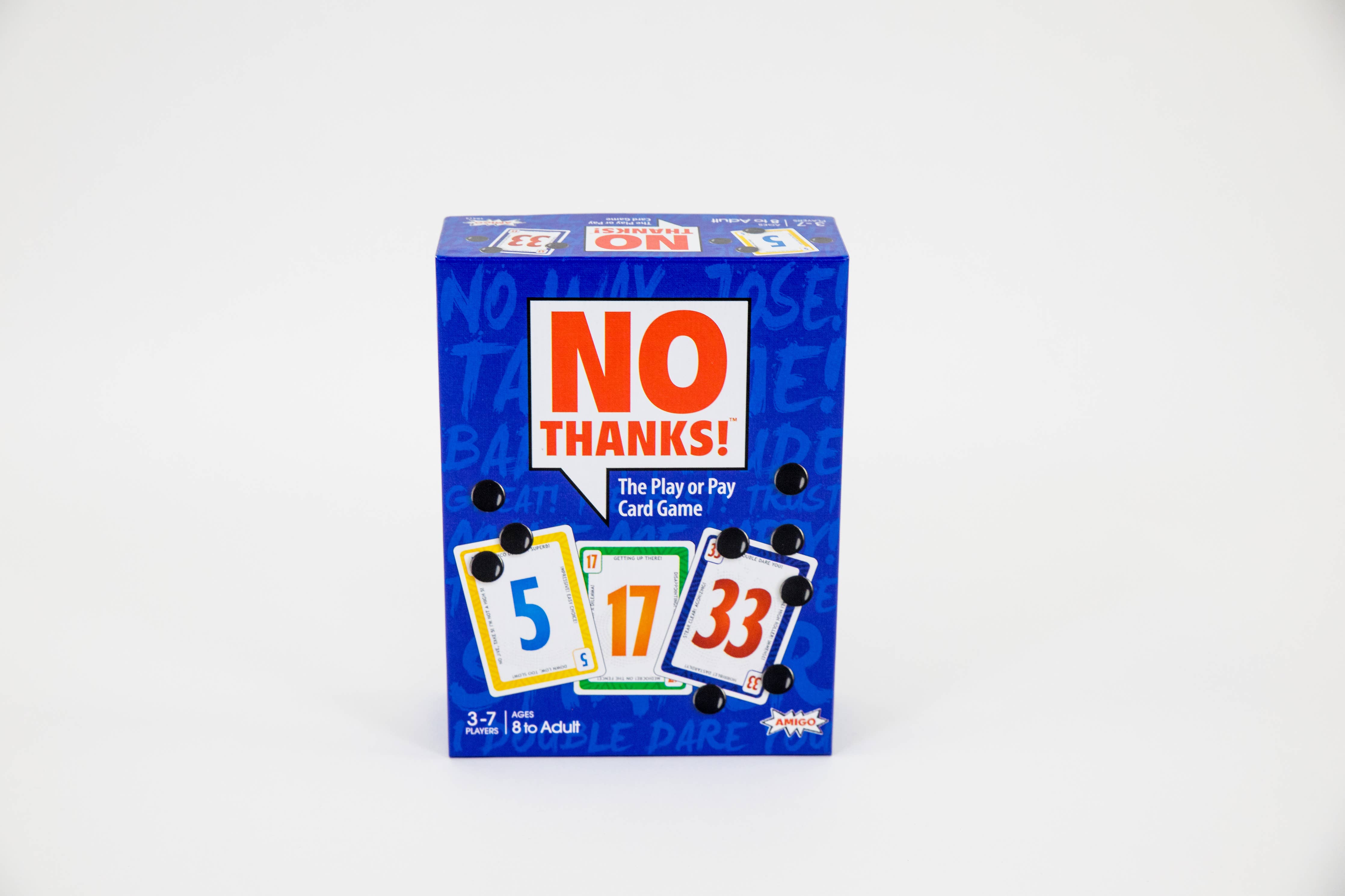 No Thanks Family Strategy Card Game in blue box with cards numbered 5, 17, and 33 visible.