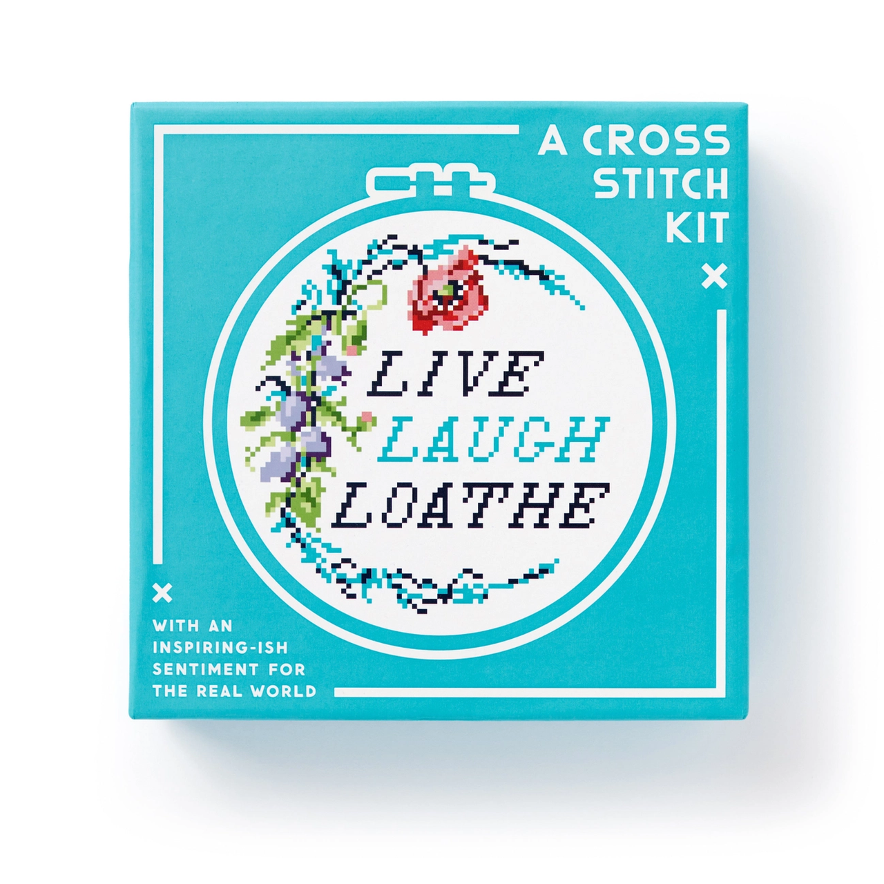 Live Laugh Loathe Cross Stitch Kit with turquoise box and LIVE LAUGH LOATHE slogan.