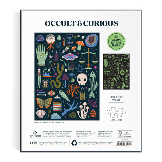 Occult and Curious 1000 piece glow in the dark puzzle featuring mystical symbols, plants, and animals.