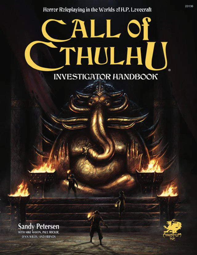 Call of Cthulhu Investigators Handbook cover with golden Cthulhu statue and fires.