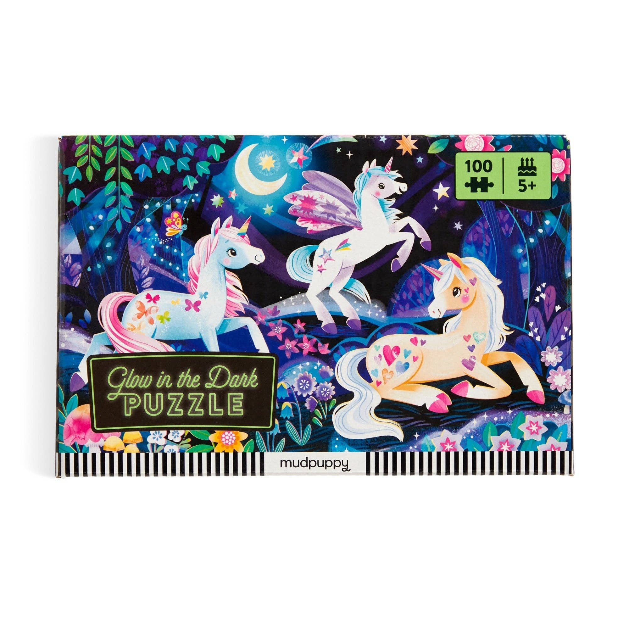 Unicorn Dreams 100-piece glow-in-the-dark puzzle with 3 unicorns in a magical forest, for ages 5 and up.