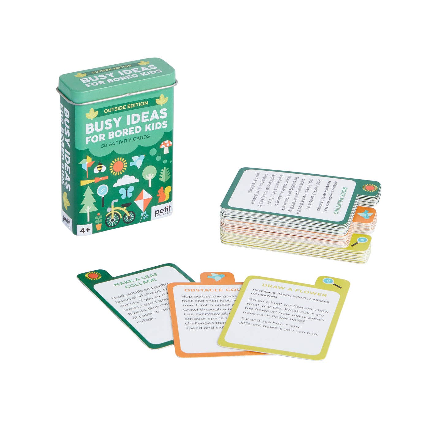 Busy Ideas for Bored Kids: Outdoor Edition tin with outdoor play cards next to it.