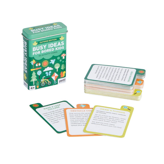 Busy Ideas for Bored Kids: Outdoor Edition tin with outdoor play cards next to it.