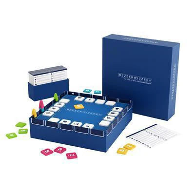 Blue Bezzerwizzer set with cards, tiles, game pieces, score sheets, and box.