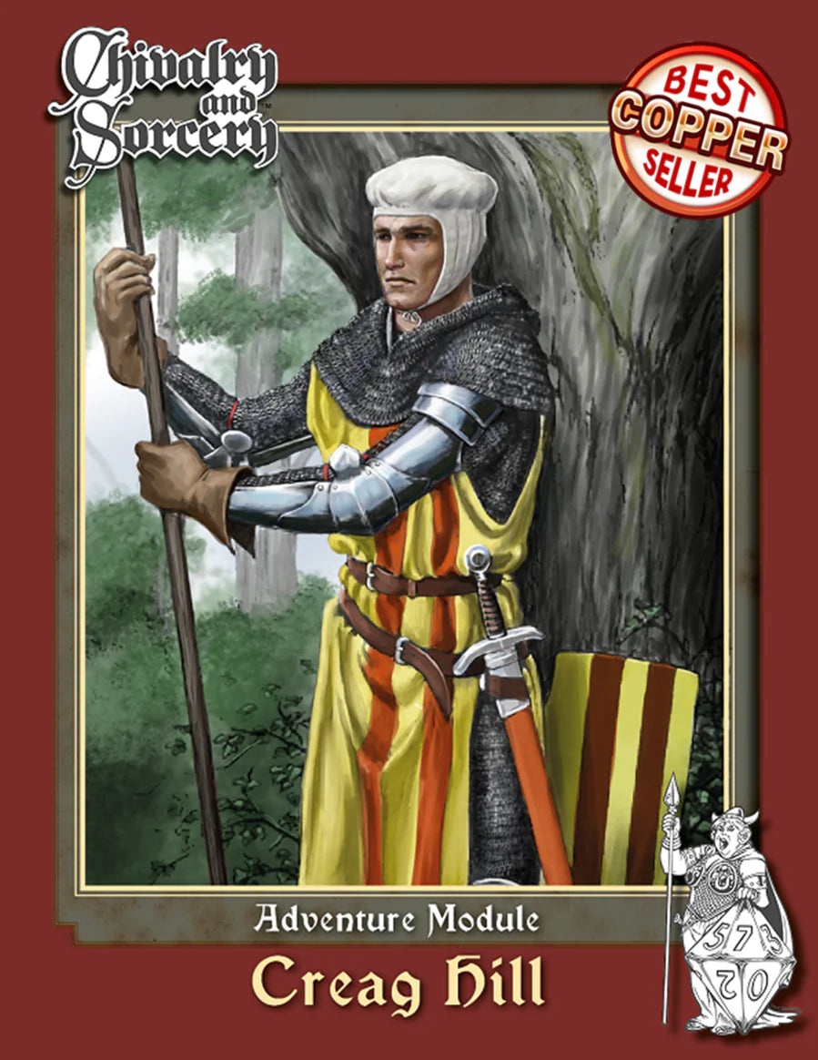 Creag Hill Chivalry & Sorcery 5E module featuring a knight in armor and yellow-striped tunic by a tree.