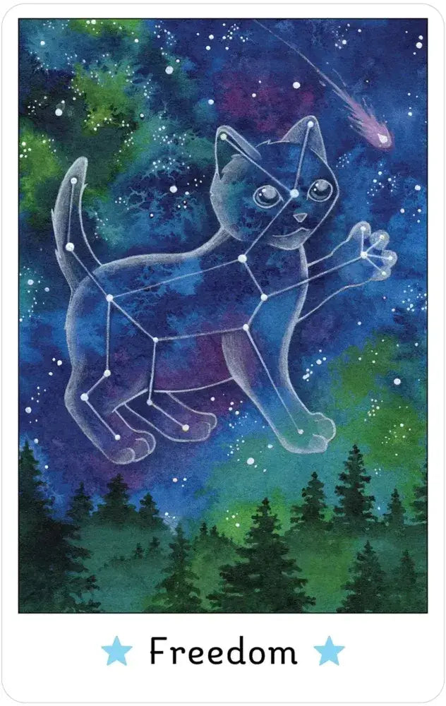 Affirmations Deck featuring a Fairy Cat constellation, “Freedom” text, and blue stars above trees.